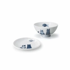 Toki Yamaman Mino Yaki Neko Maru Cat Bowl And Plate Set