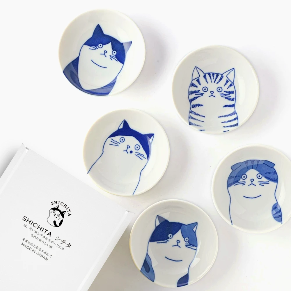 Toki Yamaman Shichita Mino Yaki Cat 5-Piece Side Bowl Set (9cm)
